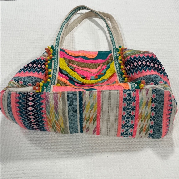 AMERICAN and BEYOND Backpack Bag Embroidered Pom Pom Pink Blue Boho Tribal A & B America & Beyond Boho Embroidered Canvas Tote Pom Poms  main image 3